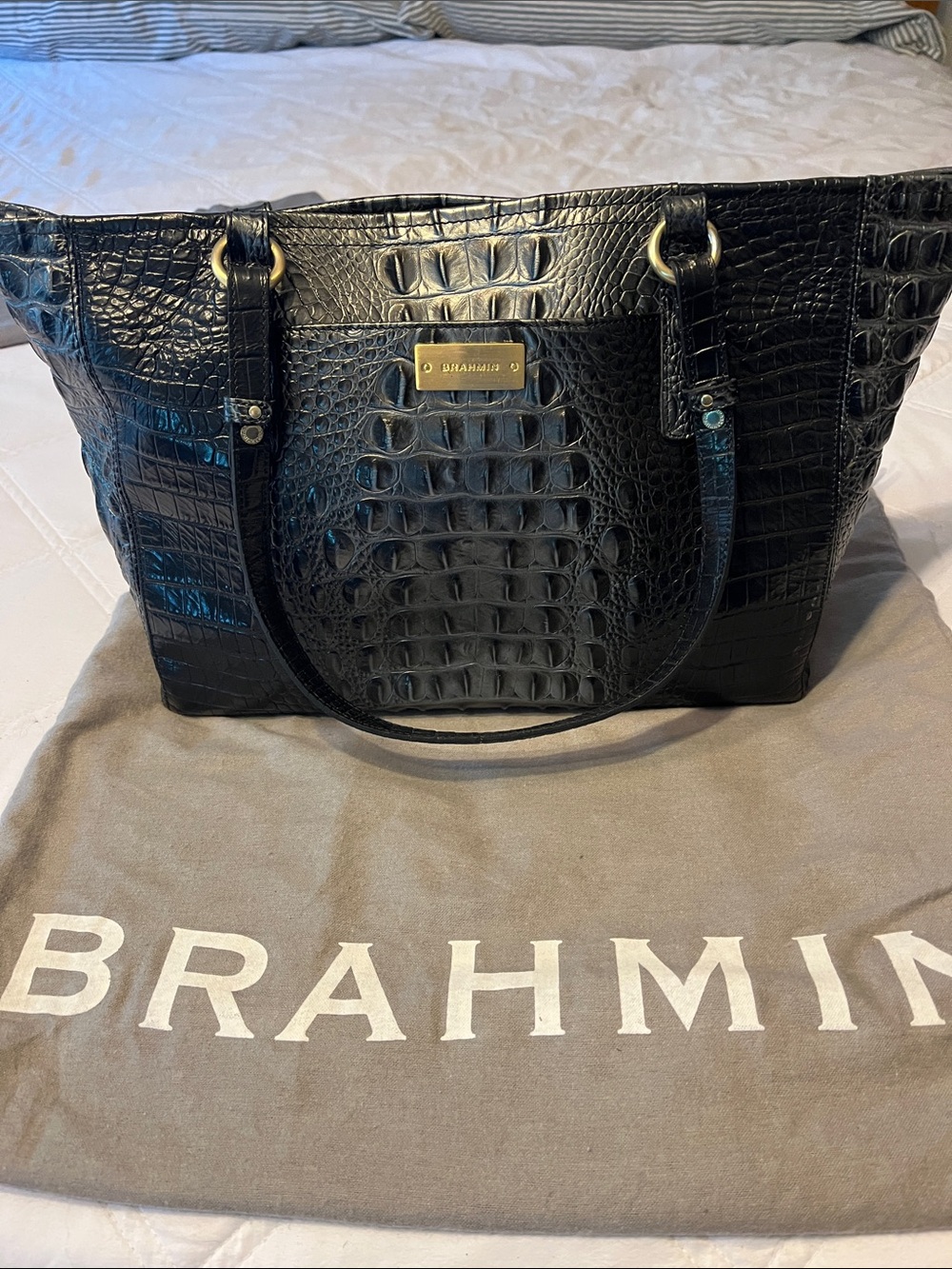 Brahmin Black Croc-Embossed Tote with Gold Hardware